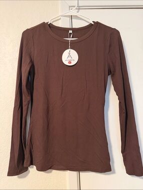 Anrabess Women's Long Sleeve Ribbed Tee in Brown